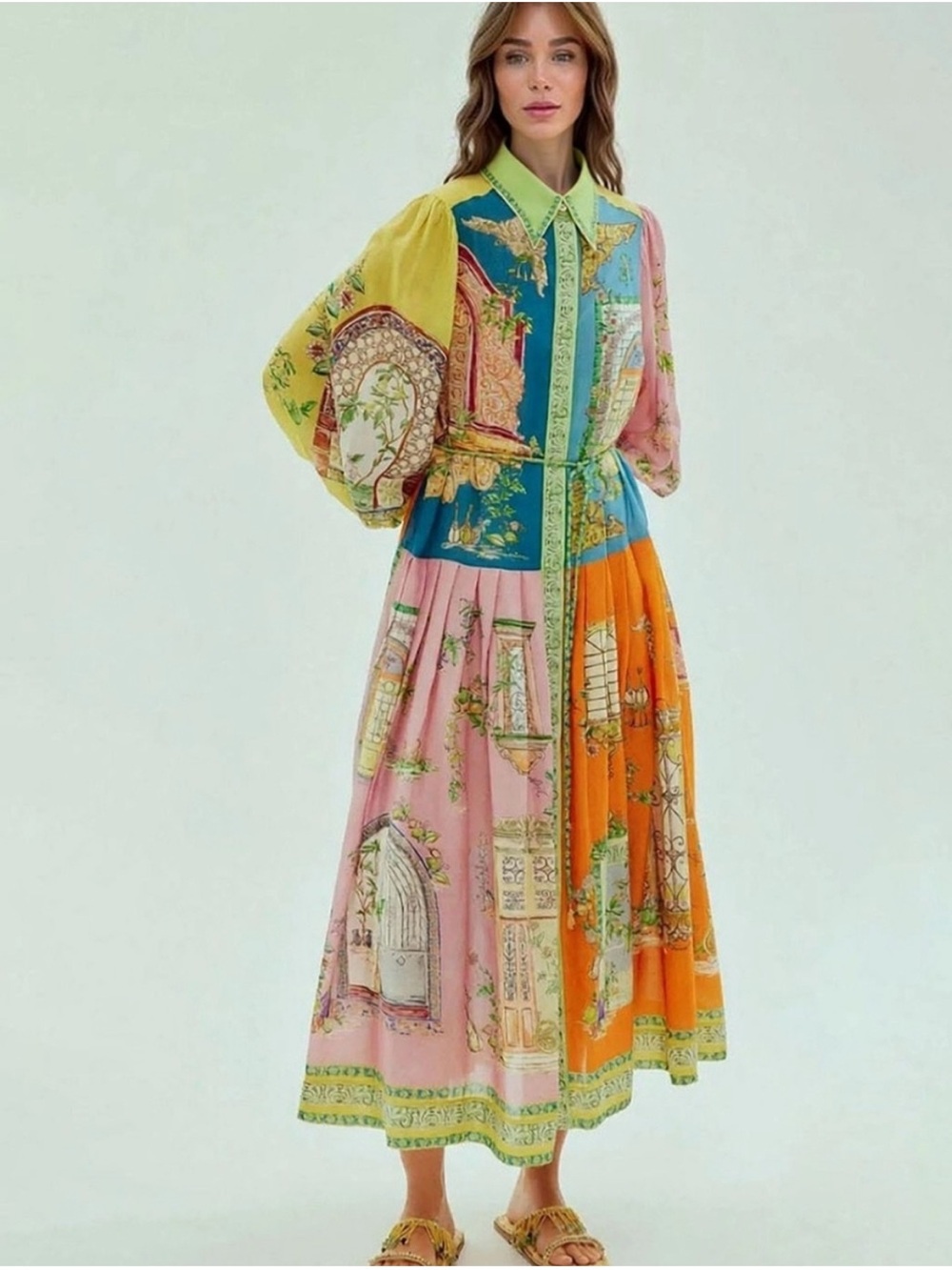 NWT multicolored long sleeve button down midi dress
